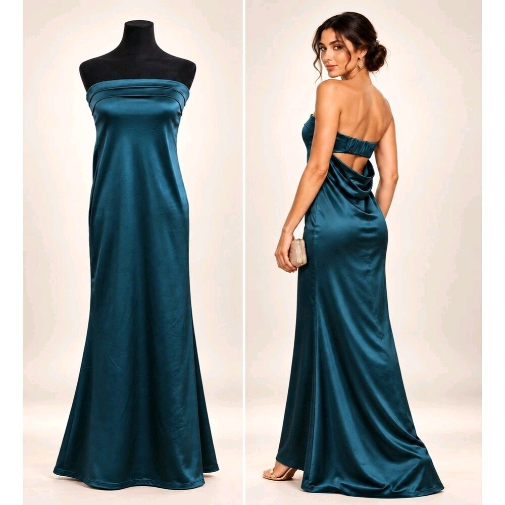 Strapless Teal Satin Look Maxi Dress S Open Cowl Back Formal ANRABESS